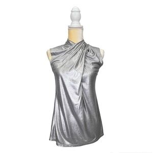 Elie Tahari Landon Silver Metallic-Knit Sleeveless Top Size XS Mock Neck xs EUC